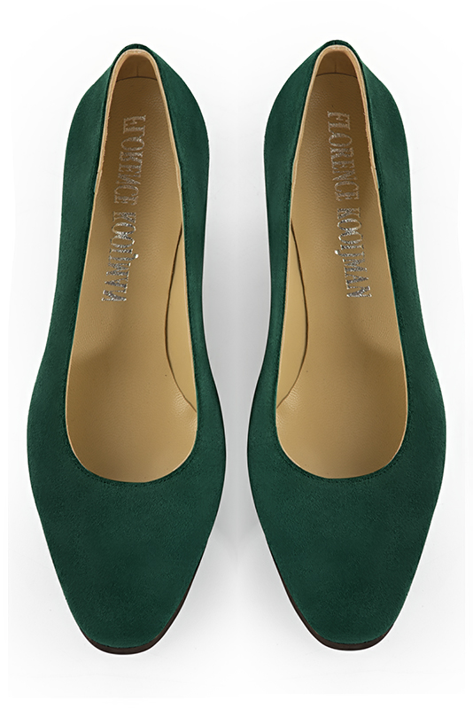 Forest green women's dress pumps, with a round neckline. Round toe. Medium wedge heels. Top view - Florence KOOIJMAN